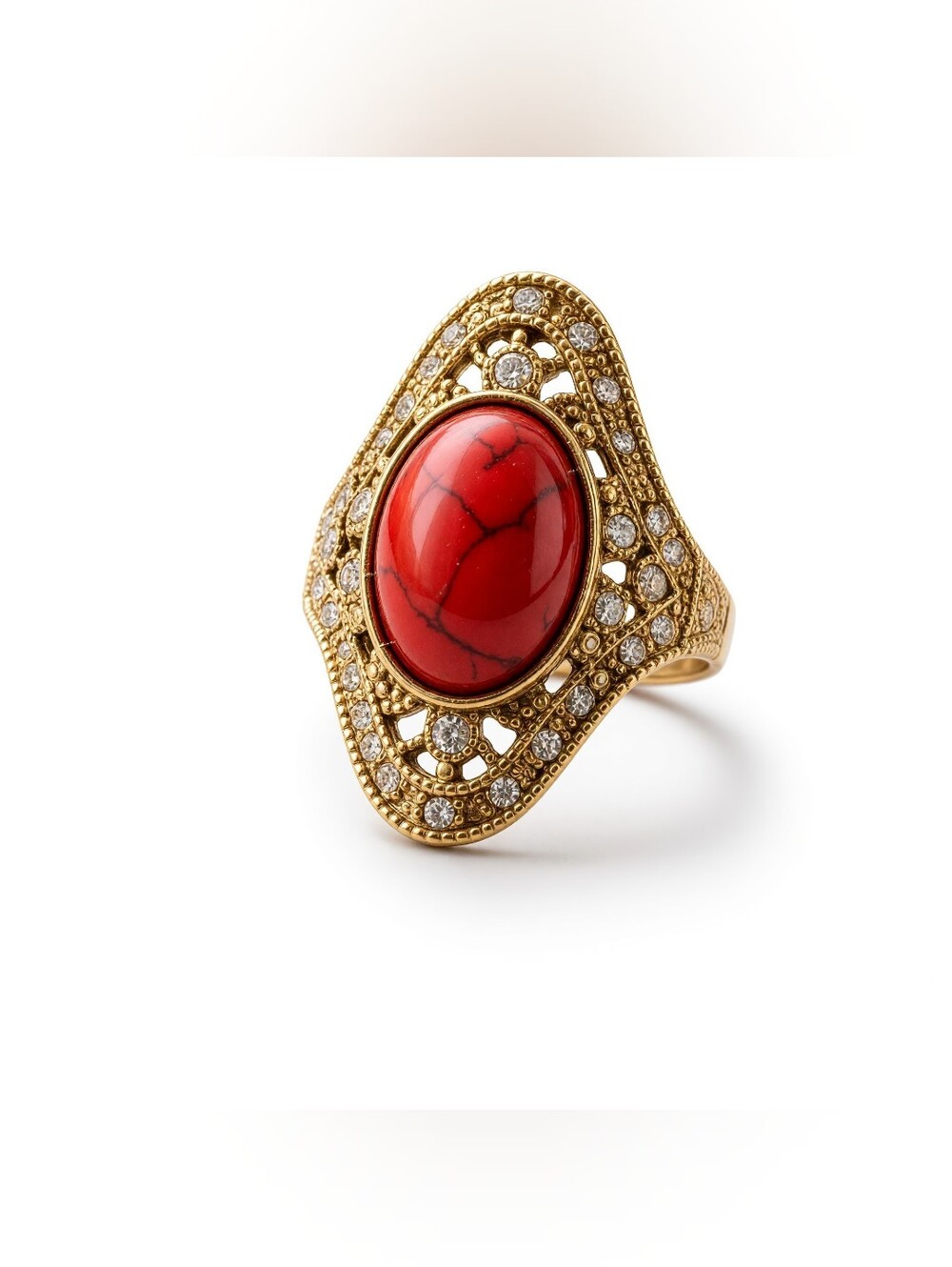 Vintage Gold Tone Filigree Statement Ring with Red Faux Turquoise Cabochon